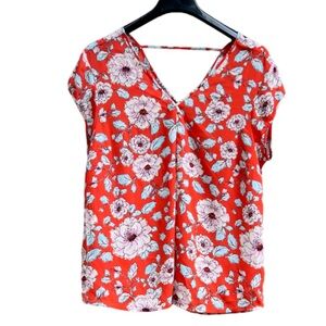 Halogen XXL Red Floral V-Neck Women Top Short Sleeves Polyester Lightweight